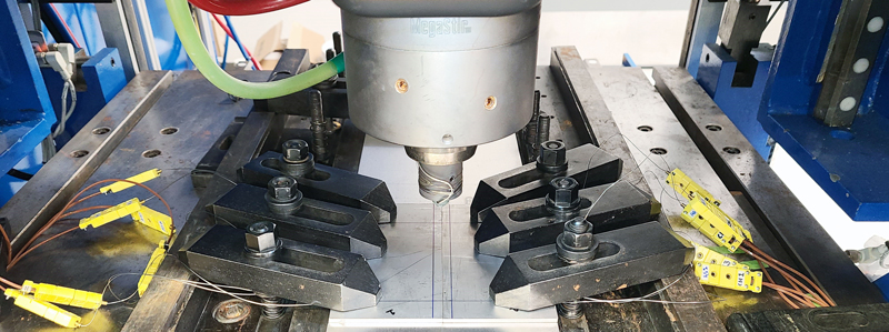 A pair of workpieces ready to be joined using friction stir welding, a solid-stateprocess that provides superior weld quality with minimal part distortion.